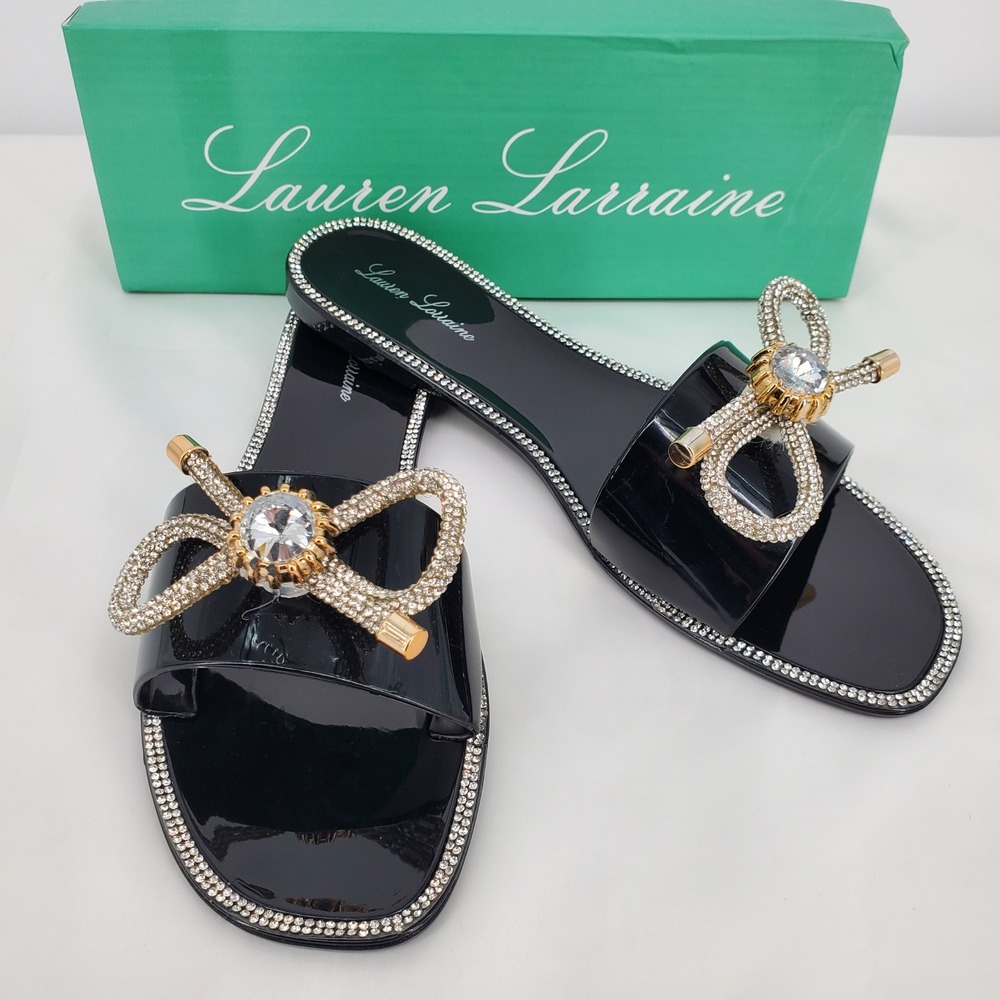 Lauren Lorraine Breeze Black Jelly Slide Sandals Rhinestone Bow Womens 7.5 New - Picture 2 of 8